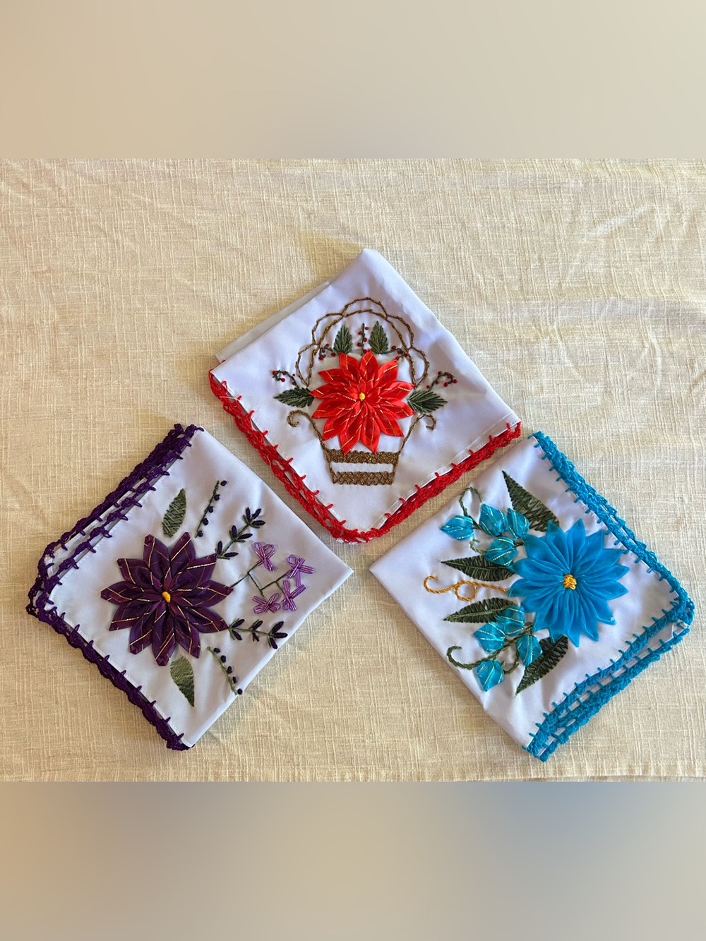 Mexican Artisanal Hand- Ribbon Tortilla Napkins Embroidered - Set of 3